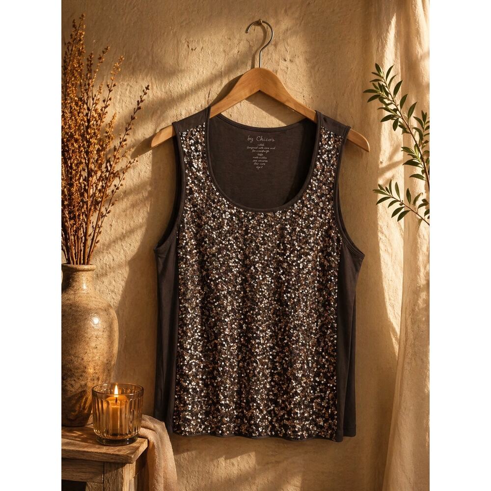 Chico’s Shimmer Glimmer Sequin Tank Taupe XL Sleeveless Jersey NWT Casual Chic